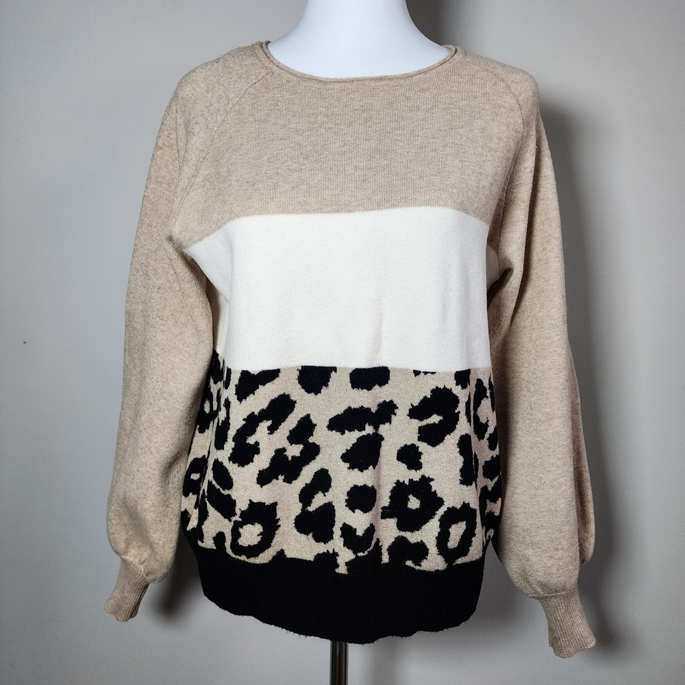 Laura Colorblock Leopard Sweater Womens Medium Tan White Black Animal Print